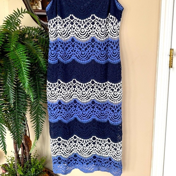 R&M Richards Multi-Shade Blue Scalloped Lace Formal Dress Satin Straps - Picture 4 of 13